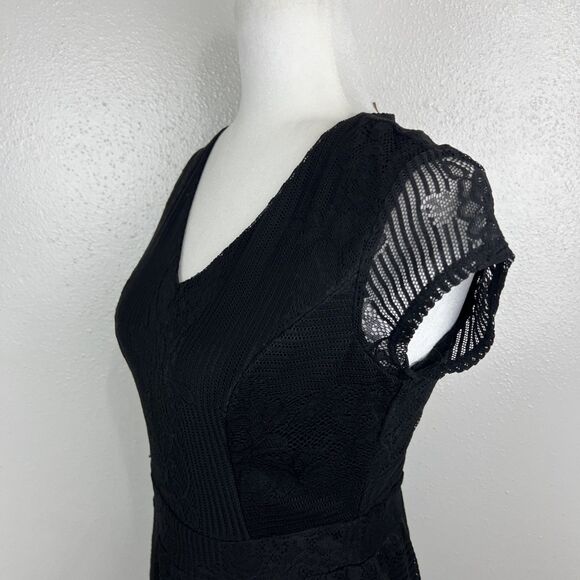 NY Collection Dress Women Extra Small Black Floral Lace Short Sleeve Fit Flare - Picture 9 of 11